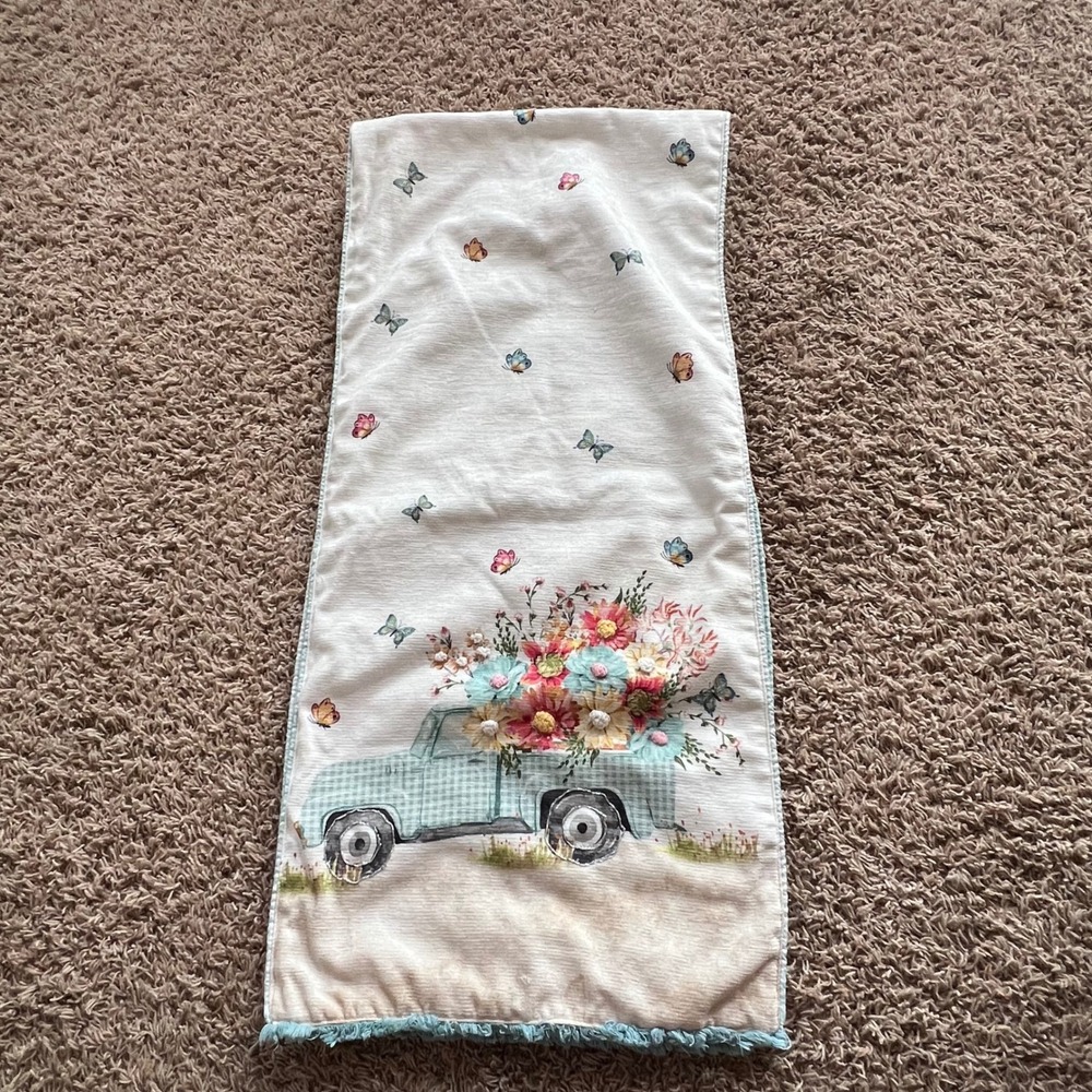 Vintage Style Floral Truck Table Runner Teal Gingham Butterfly Spring Decor 70"